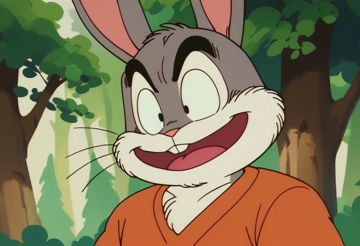 anime screencap,drgbls1, solo, anthro rabbit,male,bugs bunny, score_9, score_8_up, score_7_up, score_6_up, forest, upper body, gray fur, smile
