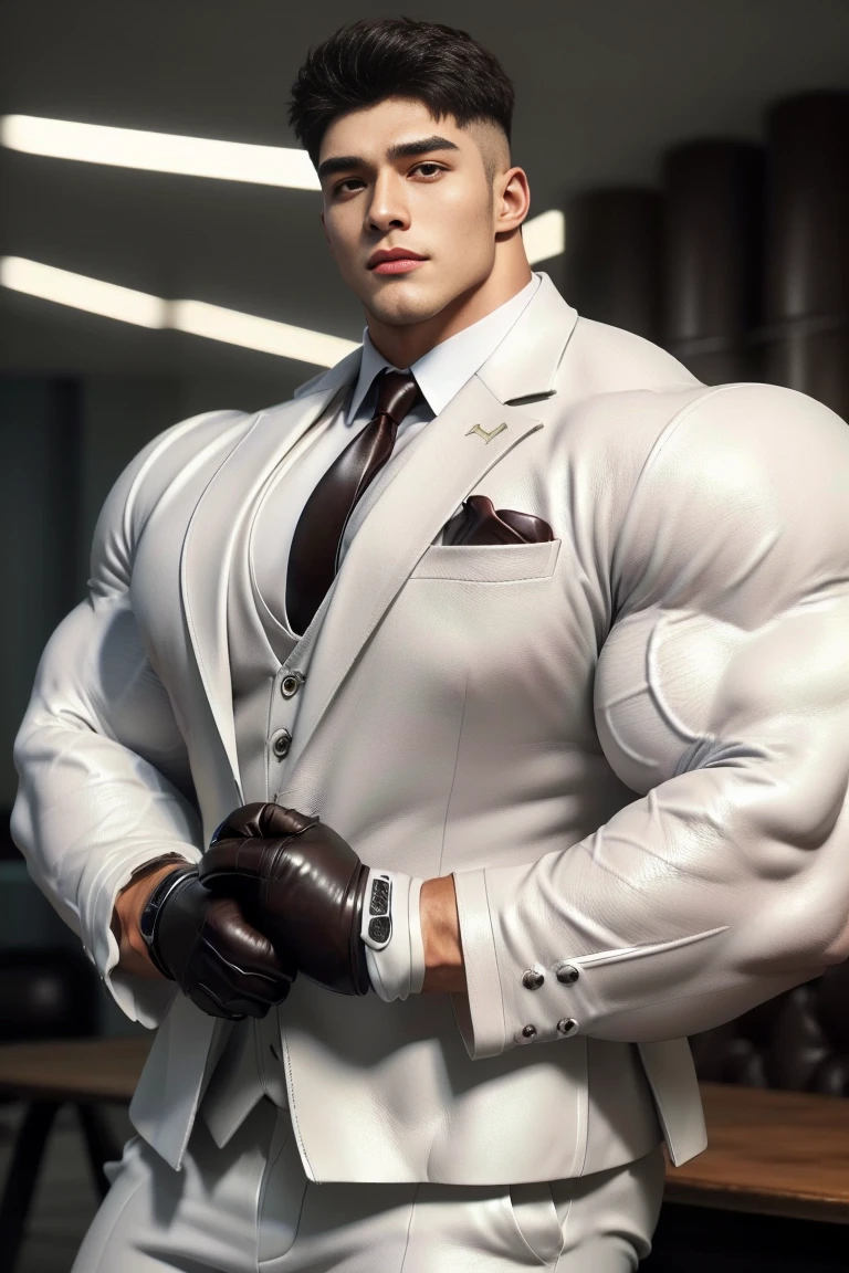 1 handsome young muscular man, (brutalmass:1.55), (kpop: 1.33), model, (detailed perfect face, black eyes: 1.2345), standing indoors, (extremely wide and broad shoulders, super muscular, giant muscles, defined abs: 1.331), (white suit, leather gloves: 1.555), realistic skin, (ultra realistic, detailed, high quality, 8k image quality, finely detailed, masterpiece, best quality: 1.2), facing camera, looking at camera