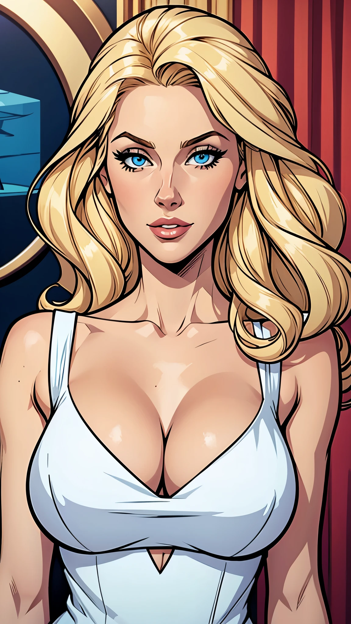 woman thin, elegant white dress, blondy hair, blue eyes, busty. Comic style. 