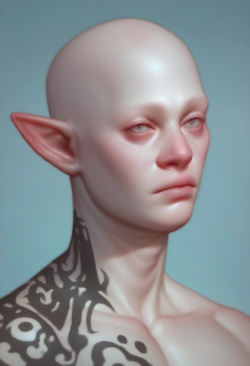 score_9, score_8_up, score_7_up, Portrait of a young male albino elf, with bald head and black tattoos and eye, oil painting, close to face, portrait, teenager, albino, white skin