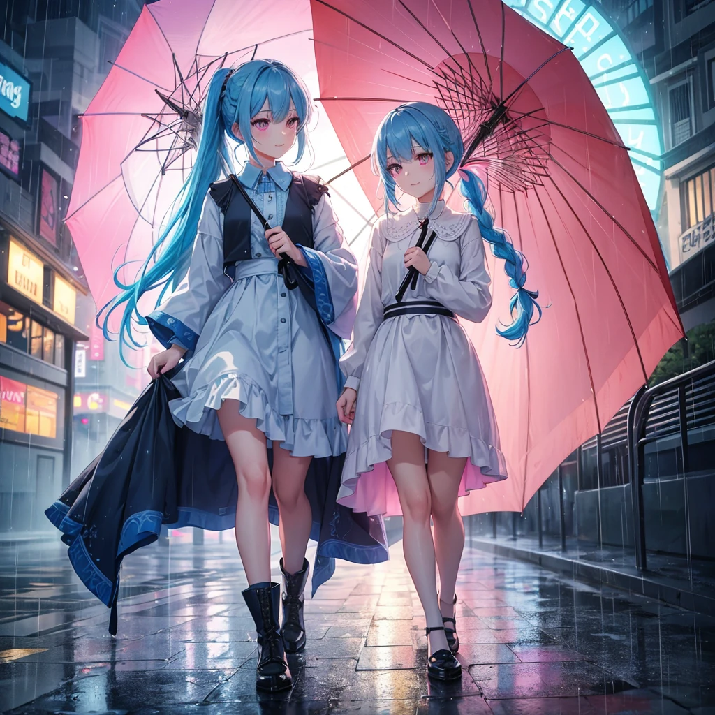sky Blue hair, (braided ponytail),(pink eyes),fair skin ,(full body),(1 girl),smile,Straight Bangs,rainy,(masterpiece, best quality, ultra-detailed, best shadow), (detailed background), (beautiful detailed face), high contrast, (best illumination, an extremely delicate and beautiful), ((cinematic light)), colorful, hyper detail, dramatic light, intricate details,Walking in the rain with an umbrella,noon,colorful umbrella,bright,