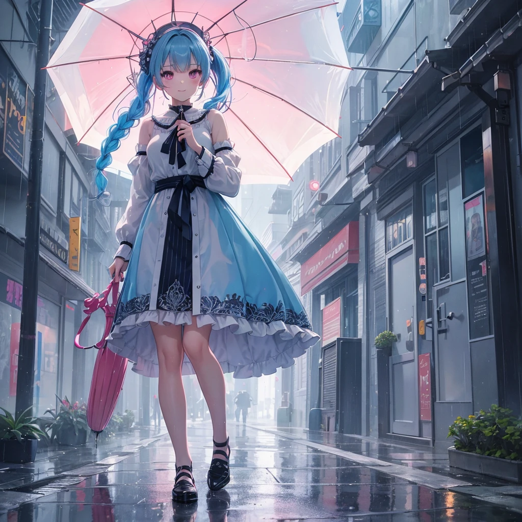 sky Blue hair, (braided ponytail),(pink eyes),fair skin ,(full body),(1 girl),smile,Straight Bangs,rainy,(masterpiece, best quality, ultra-detailed, best shadow), (detailed background), (beautiful detailed face), high contrast, (best illumination, an extremely delicate and beautiful), ((cinematic light)), colorful, hyper detail, dramatic light, intricate details,Walking in the rain with an umbrella,noon,colorful umbrella,bright,