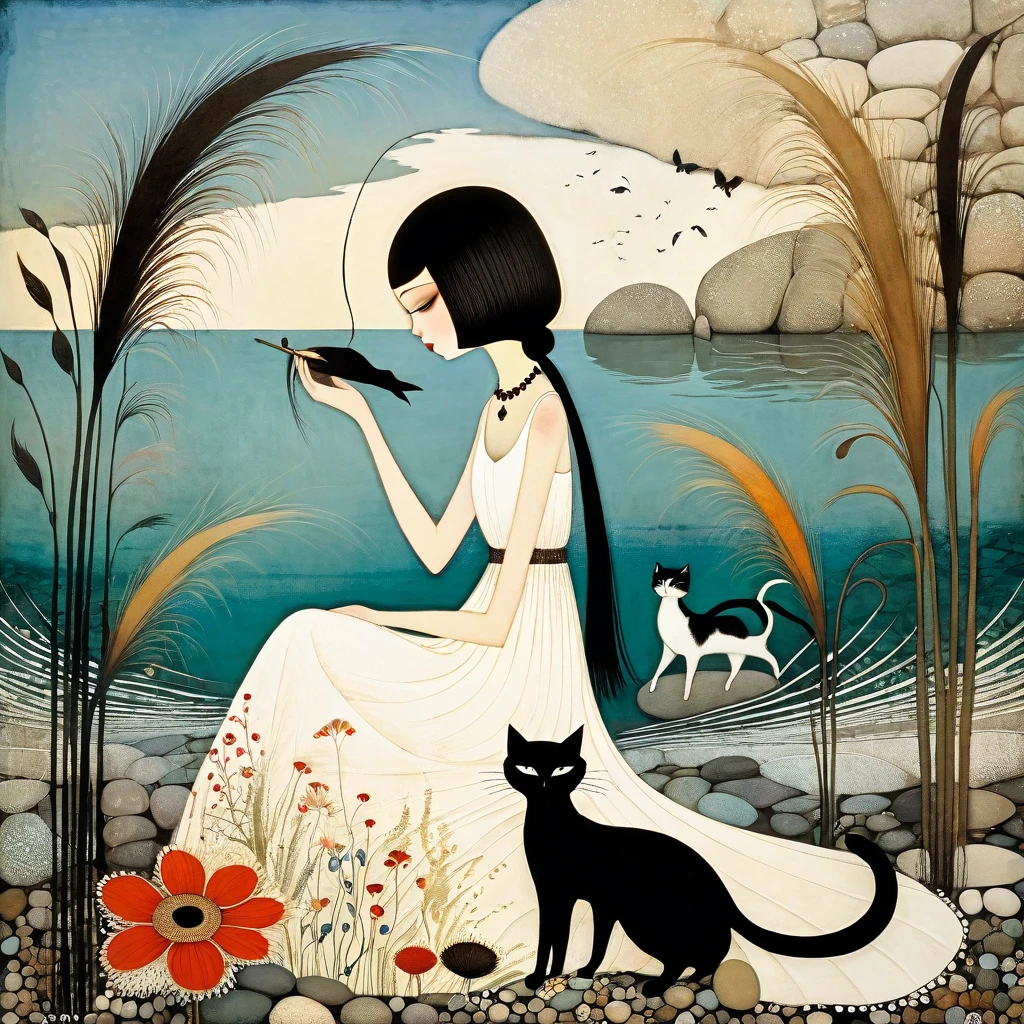 Art style by Sam Toft, Florine Stettheimer, Dina Wakley, Catrin Welz-Stein, Gabriel Pacheco, Elisabeth Fredriks, of Young European woman brushing her long black hair, sweet light brown eyes, dress with wide neckline. sitting on pebble beach. Around long-necked cats, long tails, flowers and marsh grass. Art Deco, Wide-Angle, elegant intricate patterning 8k very attractive fantastic view ultra detailed quality crisp very cute naive acrylic art
