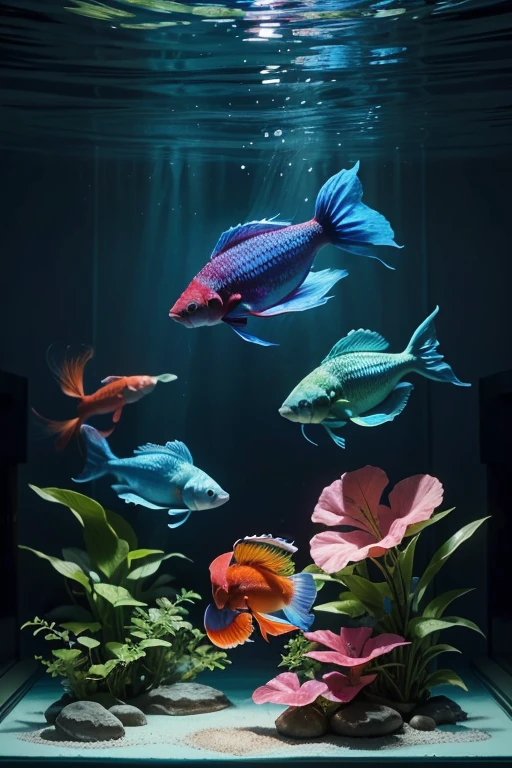 Draw a vibrant and colorful betta fish peacefully swimming in a well-lit aquarium. Its fins should be long and flowing, with shades of deep blue, bright red, and a touch of iridescent green. The scene includes lush aquatic plants and gently rising air bubbles. Soft light reflects on the water's surface, highlighting the fish's bright colors and creating a serene and harmonious atmosphere in a 9:16 aspect ratio.