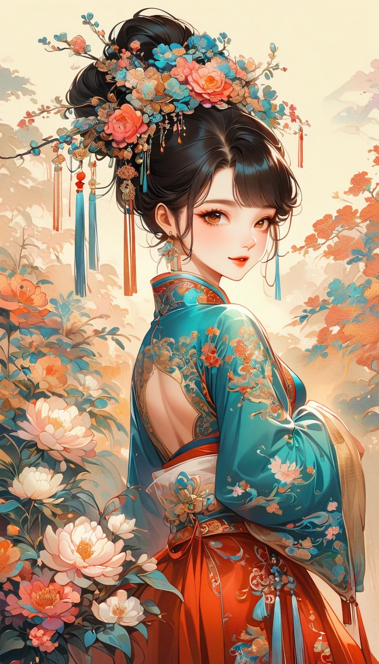 A beautiful young woman in traditional Chinese attire, sweet smile, from back, eyes look at other side, fashion pose, charming and attractive sexy pose, surrounded by a lush garden. gazing at it with gentle eyes. The woman's hair is styled in an elaborate updo adorned with flowers and traditional ornaments. Her dress is elegant, featuring fine silk with floral embroidery. The garden is in full bloom, with peonies and other flowers providing a backdrop. The scene captures the serenity and beauty of classical Chinese art, with a touch of nature harmony, (((Ultra-high saturation, high natural saturation, extremely bright colors)))