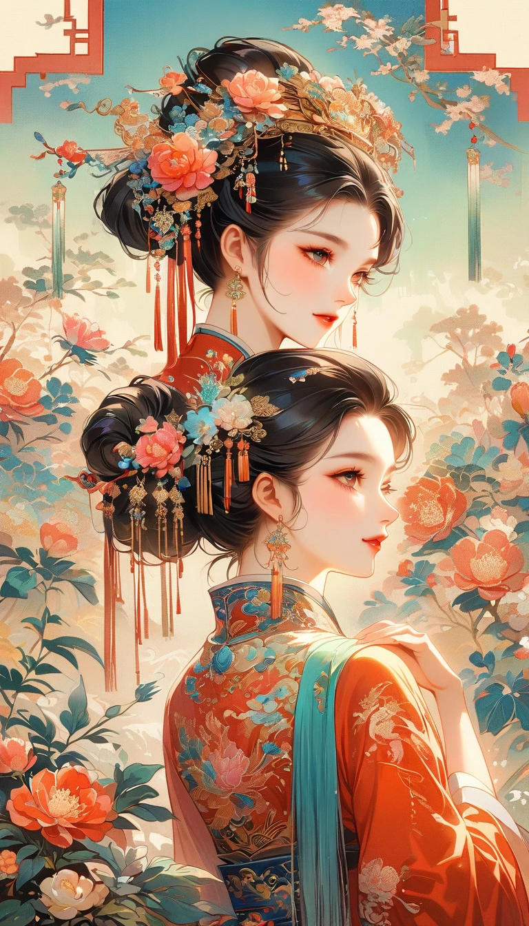 A beautiful young woman in traditional Chinese attire, sweet smile, from back, eyes look at other side, fashion pose, charming and attractive sexy pose, surrounded by a lush garden. gazing at it with gentle eyes. The woman's hair is styled in an elaborate updo adorned with flowers and traditional ornaments. Her dress is elegant, featuring fine silk with floral embroidery. The garden is in full bloom, with peonies and other flowers providing a backdrop. The scene captures the serenity and beauty of classical Chinese art, with a touch of nature harmony, (((Ultra-high saturation, high natural saturation, extremely bright colors)))