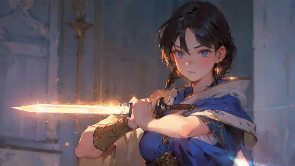 1girl (wielding a sword), blonde braided hair, golden earrings. Beautiful lights, iper-realistic, masterpiece, cinematic lighting, best quality.