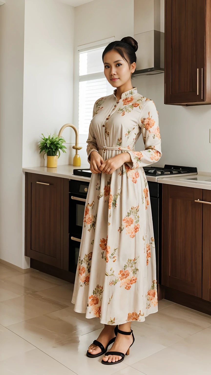 full body, Realistic, wide shot, Photography, Indonesian women, Housewife, 22 years, high bun hair, slim body, fair skin, cute face, Long sleeve floral maxi dress, and sandals, standing in the kitchen, facing the camera, stand up straight, graceful pose, sweet expression, detailed face, detailed background, bright light, sunlight