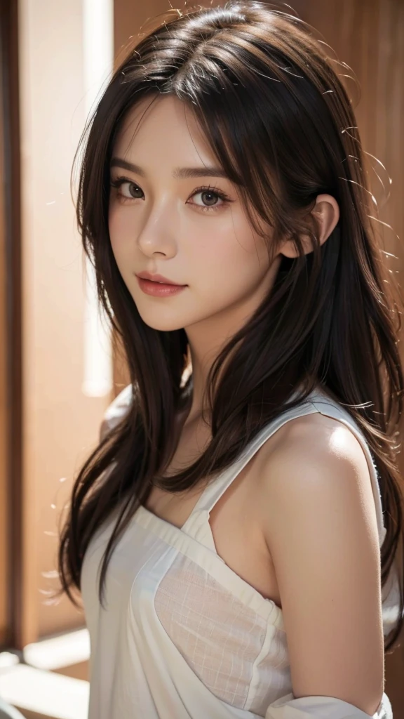1girl, solo, small breasts, looking at viewer,  smile, (best quality,4k,8k,highres,masterpiece:1.2),ultra-detailed,(realistic,photorealistic,photo-realistic:1.37),intricate details, delicate features, beautiful detailed eyes, beautiful detailed lips, extremely detailed face, long eyelashes, serene expression, flowing hair, natural lighting, warm color palette, soft focus, digital painting, cinematic composition