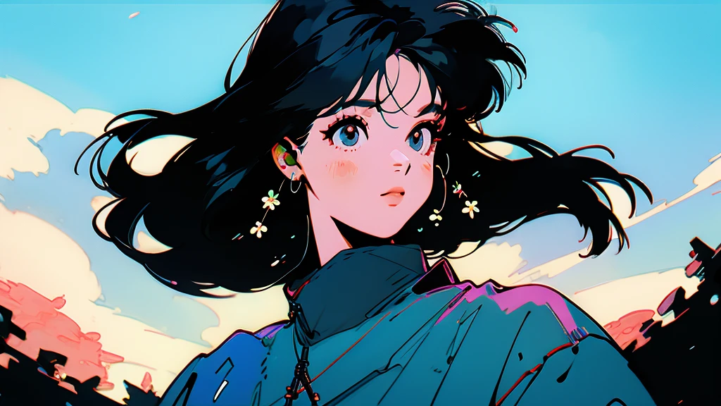 Beautiful flowers are blooming、One cool woman、Looking straight at the camera、The blue sky is spreading