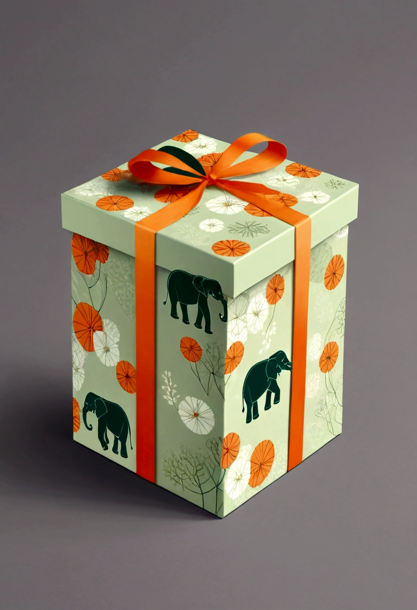 a beautifully designed gift box with handle, in the style of british plaid, geometric lines, minimalist, modern, high-end, cute, color blocking, floral patterns, a cute elephant logo, orange and light green colors, illustration, cartoon, in the style of geometric, beautiful detailed, in the style of flat color vector design