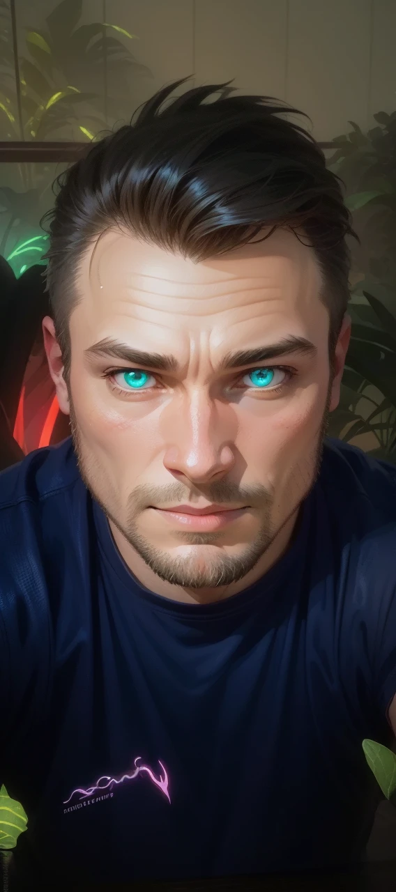 a digital illustration of an Amazonian creature, neon-glowing in the evening light, inspired by the style of James Gurney. The scene features vibrant colors and lush greenery, with the creature emitting a soft neon glow. Warm color temperature, curious facial expression, and ethereal lighting, creating a mystical atmosphere. --v 5 --stylize 1000