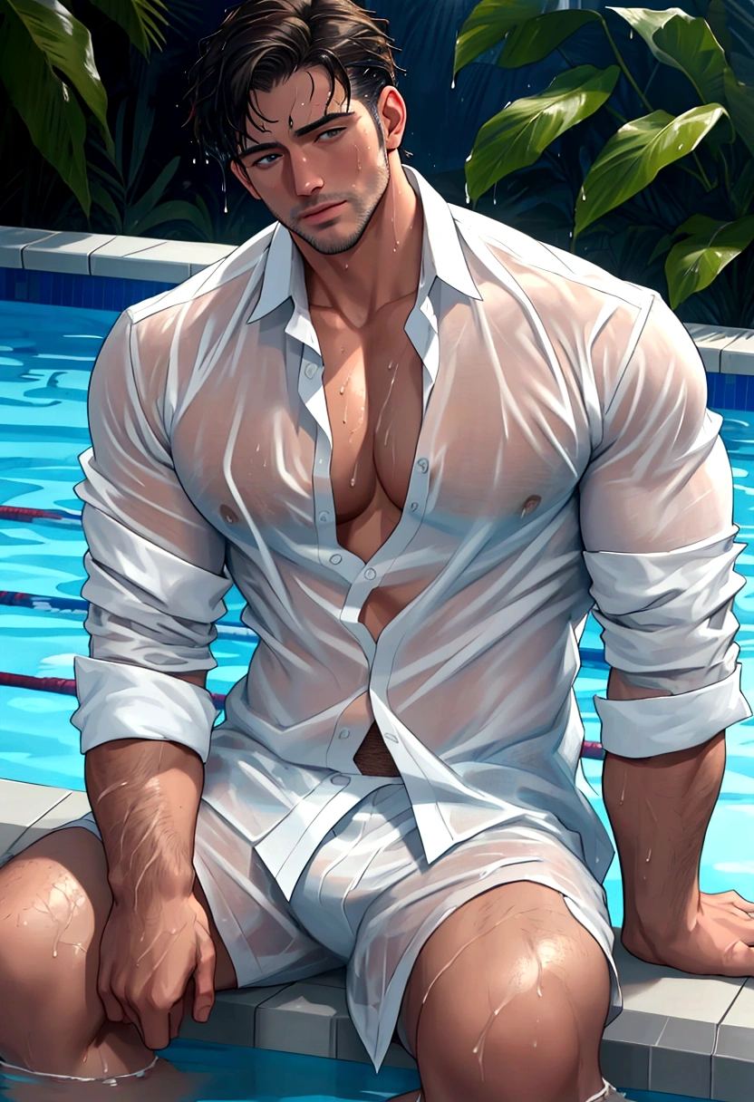 He wears white transparent shorts and a shirt,The man looks confident and determined,Chest hair,Leg hair,pubes,lying in a pond,short detailed hair