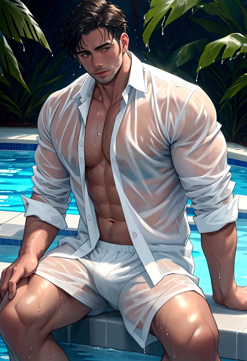 A wet handsome man, male in a wet white shirt and boxers sitting on the pool, big chest, handsome man, handsome guy, handsome stunning realistic, portrait of a handsome man, clothed in wet white shirt, sweat, ((best quality)), ((masterpiece)), (detailed)