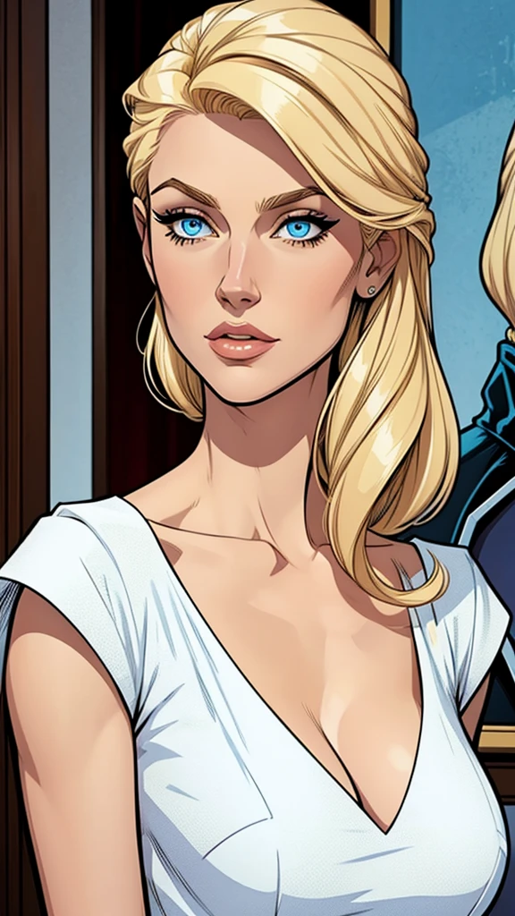 woman thin, elegant white dress, blondy hair, blue eyes, Comic style.