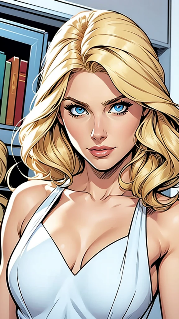 woman thin, elegant white dress, blondy hair, blue eyes, Comic style.