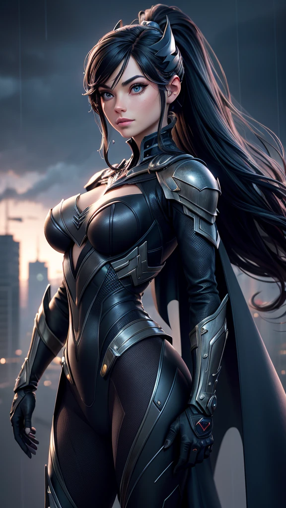 Best quality,4K,8k,high resolucion, tmasterpiece:1.2, Ultra-detailed, Realstic:1.37, illustration, futuriste, haute technologie, metallic, high detailed suit, Advanced Cybernetic Combination, Kristin Kreuk avec ponytail et des yeux verts, dressed up as Batman from DC Comics, dark atmosphere, intense illumination, Insigne de chauve-souris sur la poitrine, ceinture utilitaire avec gadgets, Masque aux yeux brillants, Detailed Muscle Definition, Finition brillante, sharp edges, Stylish design, Mysterious setting, Rain pouring in the background, Flou de mouvement, Tons de couleurs sombres, ombres intenses, Skyline de la ville au loin, Building rooftops, Simulated Raindrops, Reflection on the costume, Rivets et coutures, une forme physique extraordinaire, Position puissante, action pose, Physique impressionnant, Iconic cape that flows dramatically, Heroic Vibes, Imposing presence, blue eyes, black hair, ::loose straight hair, long hair, ::loose hair