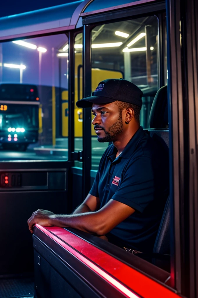 Bus driver watching his girlfriend arrive at night