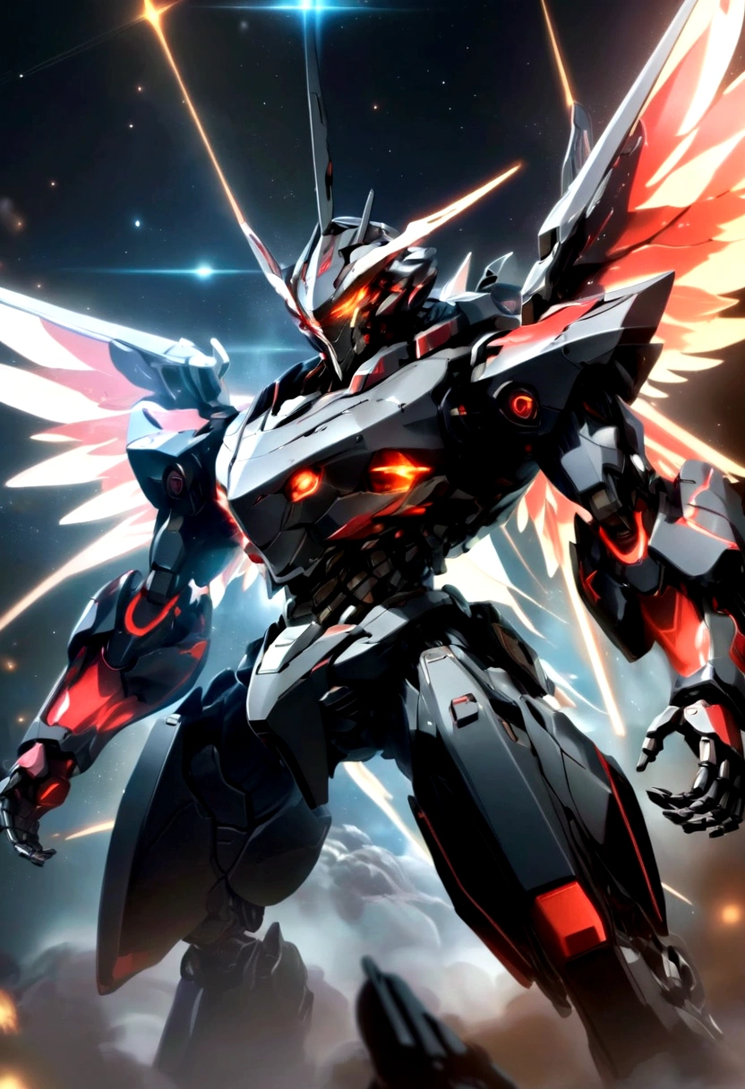 An overall black robot with red accents, robot close-up, large mecha robot, cool robot,well-proportioned robot, flame, fight in space, Ray wings on the machine base on the back, super robot, sharp hands, Incredible Mecha Robot, strong image, small head