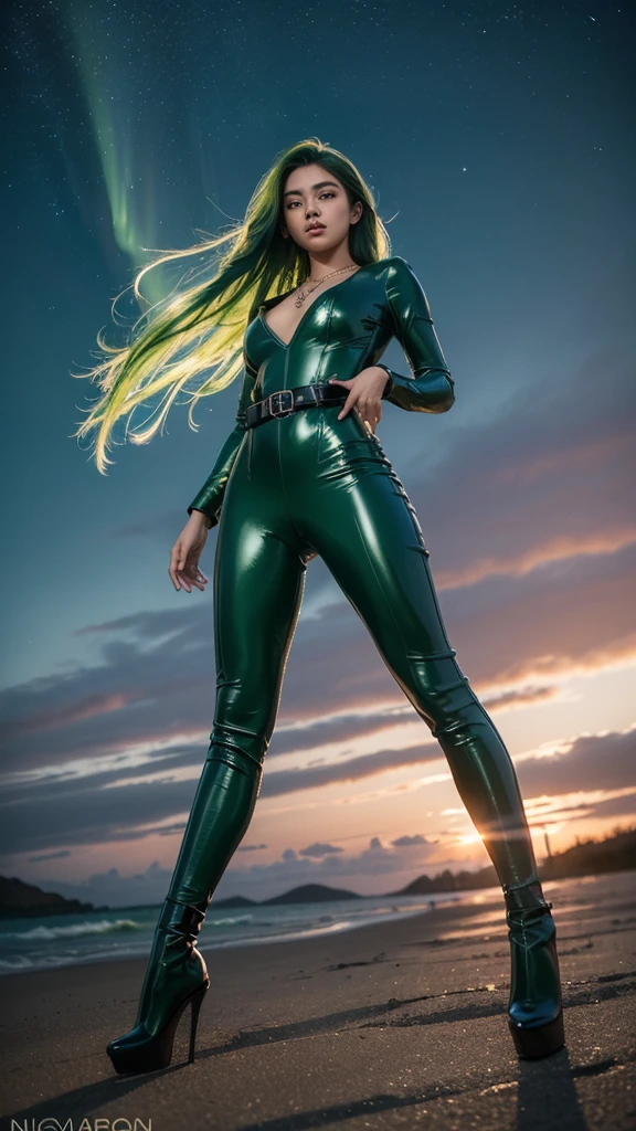 ((best quality)), ((masterpiece)), (ultra detailed), full body shot, Indonesian girl, extremely beautiful, 20 years old, ((green curvy hair)), ((hair blown by strong winds :1.3)), Award-winning photography, photography of girl, slim face, extremely beautiful, latex suit, belt, latex pants, ((slim body)), ((wearing high-heels)), epic lights details, night at beach, stars, aurora Borealis, nebula sky, dark orange clouds, shooting star, model posing in the middle, thighs gap, standing with legs wide open, legs wide open, necklace with emerald, ((from below))