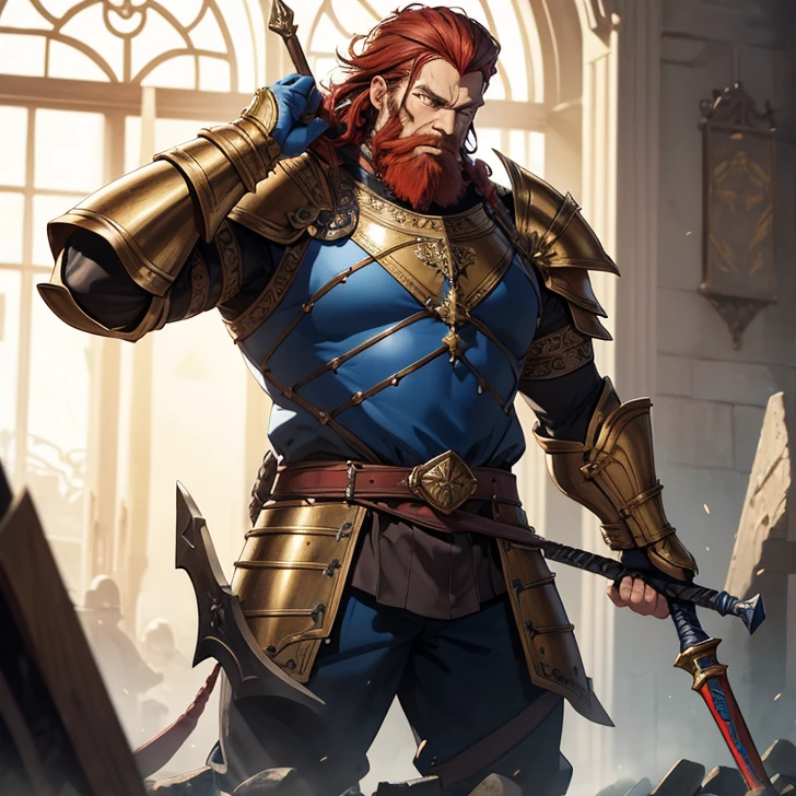 (absurdres, high fantasy artwork, best high quality image, carefuly detailed, very detailed features and textures) full body view solo character
150 years old barbarian old man, short curly red hair, blue eyes, red beard tied in two braids, muscular body covered in full steel armor, (full steel paladin armor, blue armor, golden short crown)
Angry face, holding a big warhammer with his right arm
British field yard with ancient greek forniture and celtic forniture