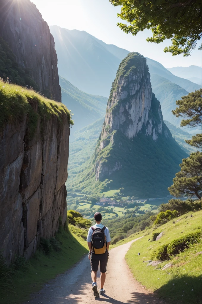 "Describe a scene in which a person is standing, gazing at the horizon, with a determined and confident expression. Ao fundo, we see a winding path that leads to an imposing mountain. The person is dressed in comfortable clothes and carries a backpack, symbolizing the journey of self-development. Sunlight shines on the scene, representing the enlightenment and clarity that accompanies personal growth."