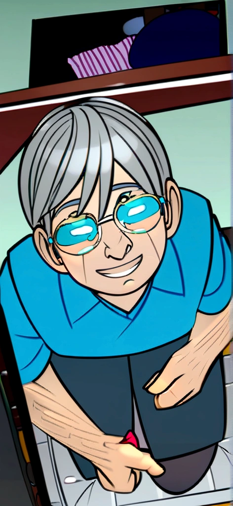 Man with gray hair and black-rimmed glasses, Pixar 3d drawing style, cozinhando