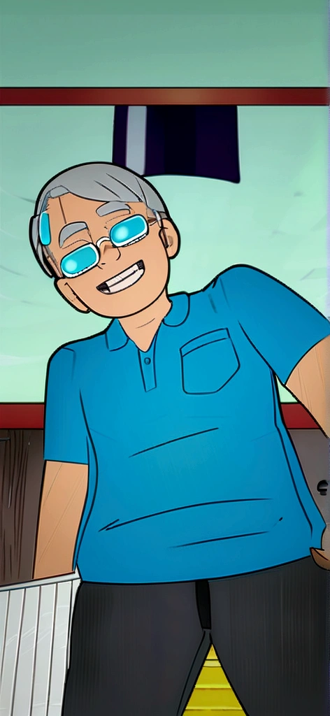 Man with gray hair and black-rimmed glasses, Pixar 3d drawing style, cozinhando