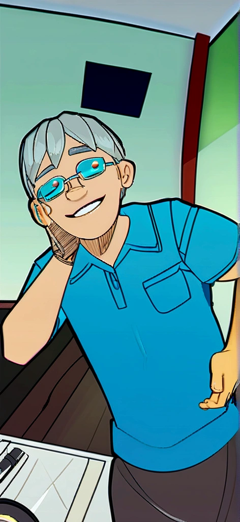 Man with gray hair and black-rimmed glasses, Pixar 3d drawing style, cozinhando
