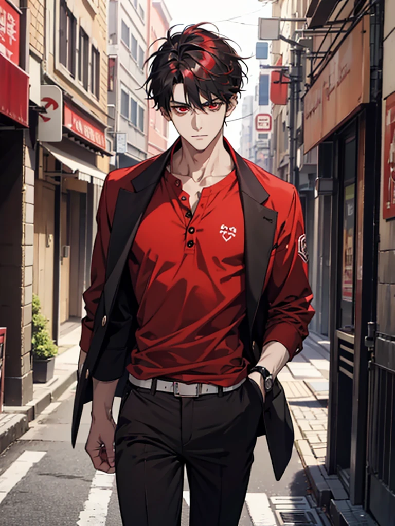 Open button red shirt, six pack abs,red eyes,black shiny hairs,Holding a tag in which is written 'I am UGly‘, ‘environment'standing on street, handsome boy
