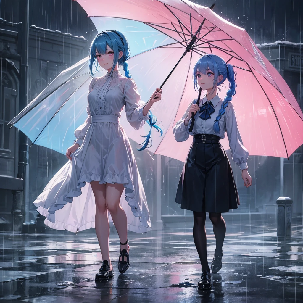 sky Blue hair, (braided ponytail),(pink eyes),fair skin ,(full body),(1 girl),smile,Straight Bangs,rainy,(masterpiece, best quality, ultra-detailed, best shadow), (detailed background), (beautiful detailed face), high contrast, (best illumination, an extremely delicate and beautiful), ((cinematic light)), colorful, hyper detail, dramatic light, intricate details,Walking in the rain with an umbrella,noon,colorful umbrella,bright, Raindrops
