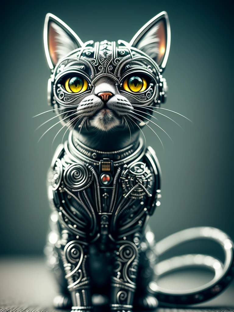 a cute kitten made out of metal, (cyborg:1.1), ([tail | detailed wire]:1.3), (intricate details), hdr, (intricate details, hyperdetailed:1.2), cinematic shot, Vignette, centered