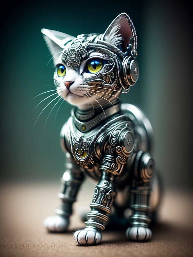 a cute kitten made out of metal, (cyborg:1.1), ([tail | detailed wire]:1.3), (intricate details), hdr, (intricate details, hyperdetailed:1.2), cinematic shot, Vignette, centered