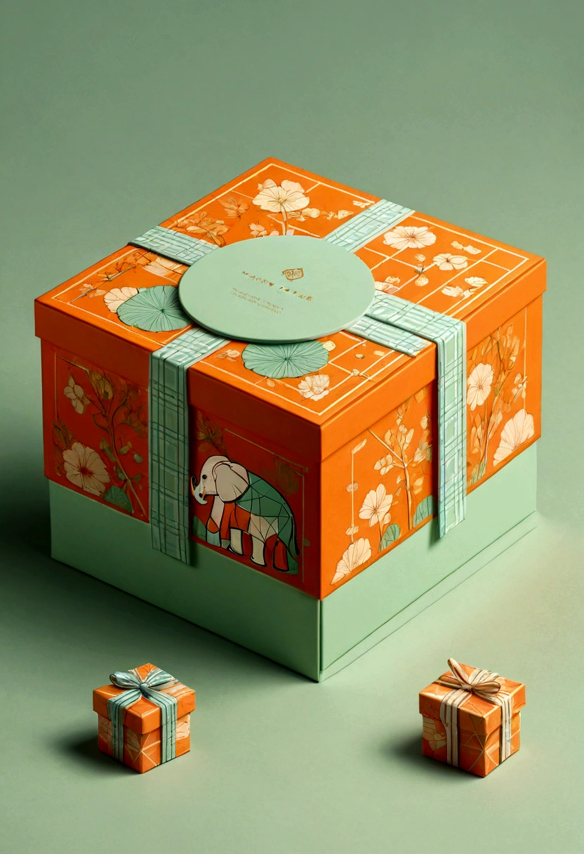 a beautifully designed gift box with handle, in the style of british plaid, geometric lines, minimalist, modern, high-end, cute, color blocking, floral patterns, a cute elephant logo, orange and light green colors, illustration, cartoon, in the style of geometric, beautiful detailed, in the style of flat color vector design