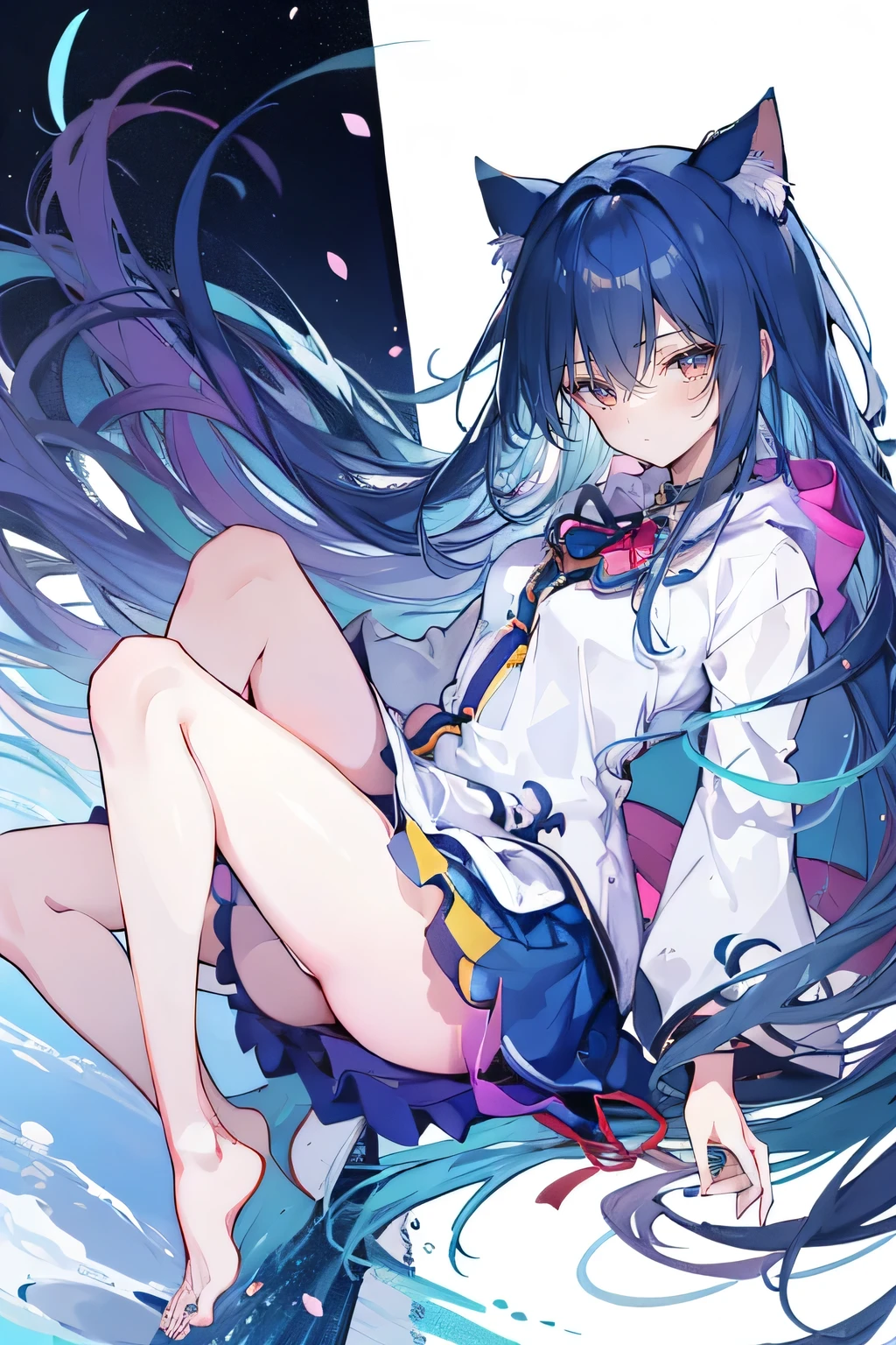 (masterpiece:1.2),ultra-detailed,realistic,expressive eyes,fair-skinned,perfectly shaped face,1girl,
Japanese cartoons,Gorgeous blue hair, flowing blue hair,floating clothes,cat ears,petals falling,beautiful Lola,Hina Angel,
hands on waist,gracefully sitting on the ground,legs crossed,gentle and serene background,cool and comfortable pavilion,shy face ,night .