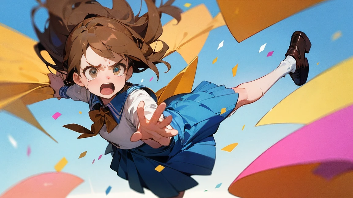 ((Highest quality)), ((masterpiece)), ((Very detailed)),Floatingする女の子,Angry expression,floating,Floating,Confetti,Brown Hair,tears,Levitating,Blue sky background,Feet in the air,tears,gravity,Long skirt,loafers,Raise both hands