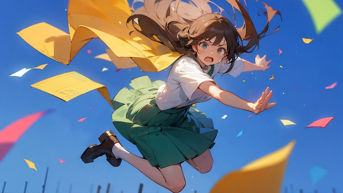 ((Highest quality)), ((masterpiece)), ((Very detailed)),Floatingする女の子,Angry expression，floating，Floating，Confetti，Brown Hair,tears,Levitating,Blue sky background,Feet in the air,tears,gravity,Long skirt,loafers,Raise both hands