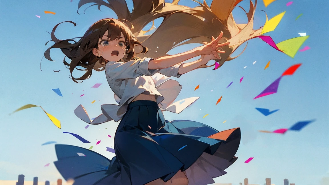 ((Highest quality)), ((masterpiece)), ((Very detailed)),Floatingする女の子,Angry expression，floating，Floating，Confetti，Brown Hair,tears,Levitating,Blue sky background,Feet in the air,tears,gravity,Long skirt,loafers,Raise both hands