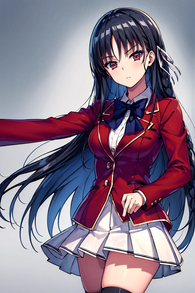 (masterpiece, best quality:1.5), (ultra detailed:1.5), perfect anatomy, 8k portrait, 
1girl,
Suzune Horikita, 
Suzune Horikita \(youjitsu\),
long hair, braid, 
black hair, 
red eyes, slant eyes, small eyes, 
blue bow, 
medium breasts, 
, red jacket, long sleeves, white skirt, pleated skirt, black thigh-high socks, 
looking at viewer, 
cowboy shot, 
perfect light, 