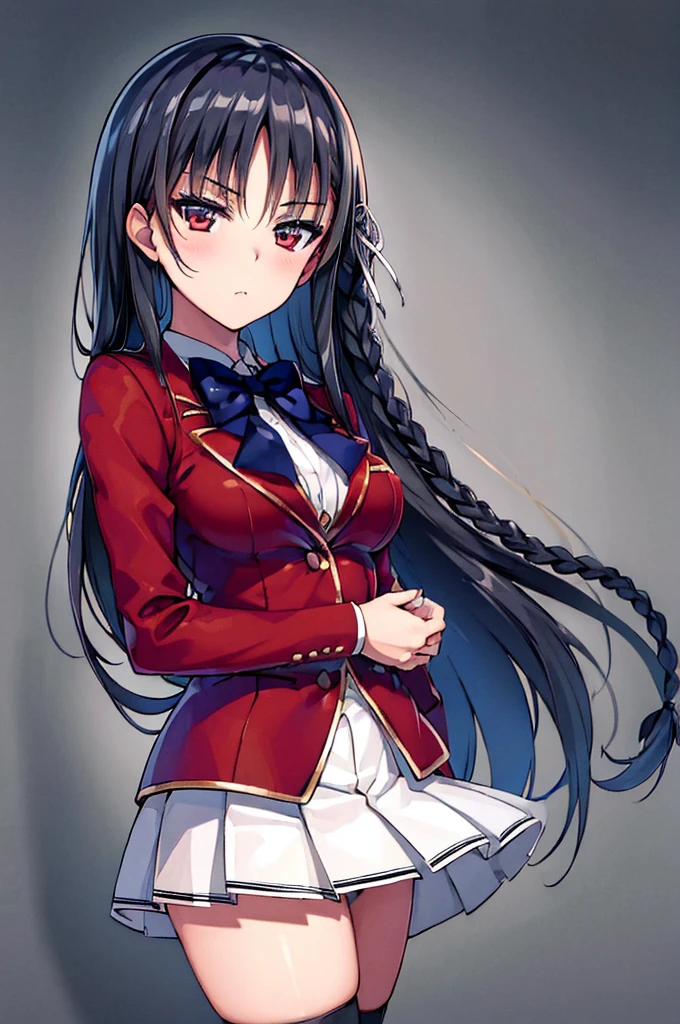 (masterpiece, best quality:1.5), (ultra detailed:1.5), perfect anatomy, 8k portrait, 
1girl,
Suzune Horikita, 
Suzune Horikita \(youjitsu\),
long hair, braid, 
black hair, 
red eyes, slant eyes, small eyes, 
blue bow, 
medium breasts, 
, red jacket, long sleeves, white skirt, pleated skirt, black thigh-high socks, 
looking at viewer, 
cowboy shot, 
perfect light, 