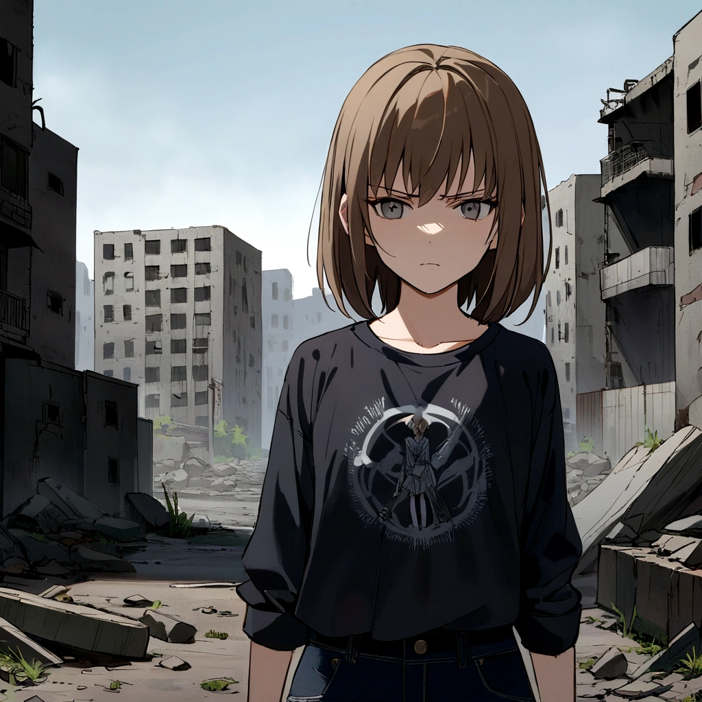 make me a female, 16 years old, short brown hair, grey eyes, she has an axe in her hands, dark blue shirt jeans and converse, abandoned city behind her, serious face