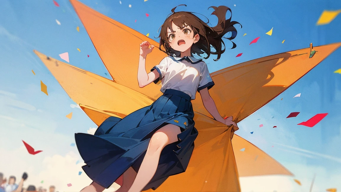 ((Highest quality)), ((masterpiece)), ((Very detailed)),Floatingする女の子,Angry expression,floating,Floating,Confetti,Brown Hair,tears,Levitating,Blue sky background,Feet in the air,tears,gravity,Long skirt,loafers,Raise both hands