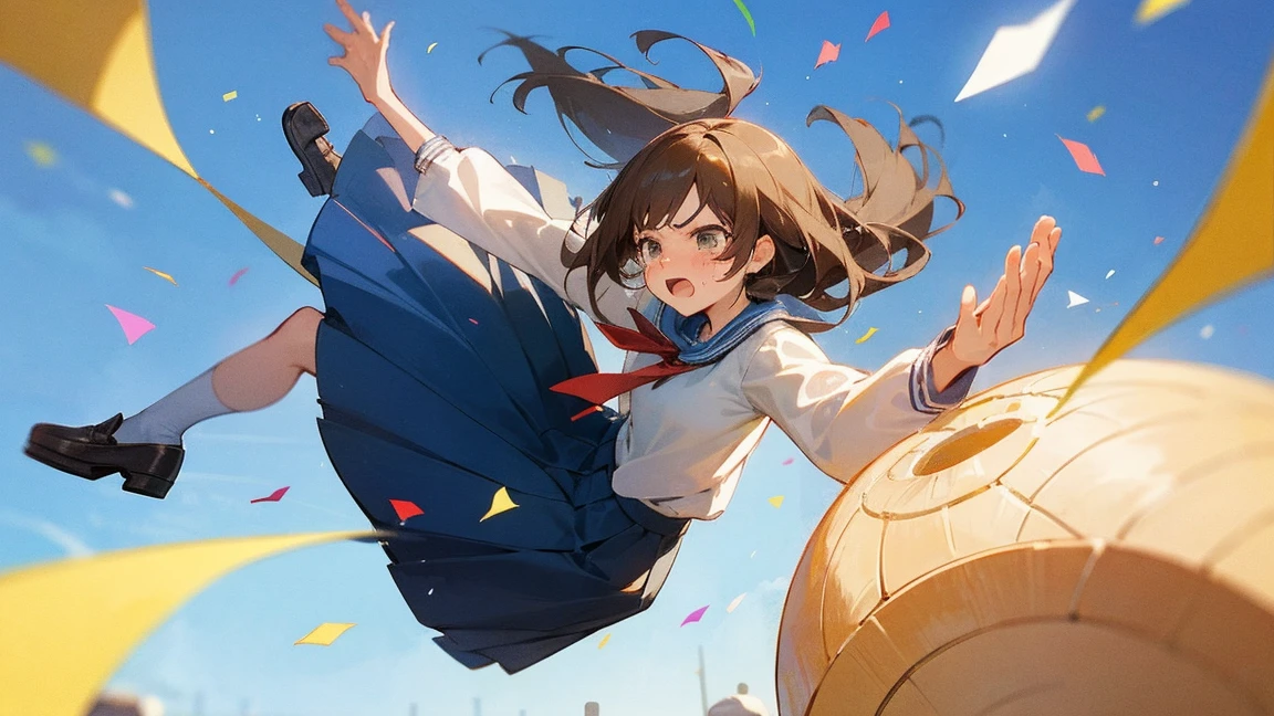 ((Highest quality)), ((masterpiece)), ((Very detailed)),Floatingする女の子,Angry expression,floating,Floating,Confetti,Brown Hair,tears,Levitating,Blue sky background,Feet in the air,tears,gravity,Long skirt,loafers,Raise both hands