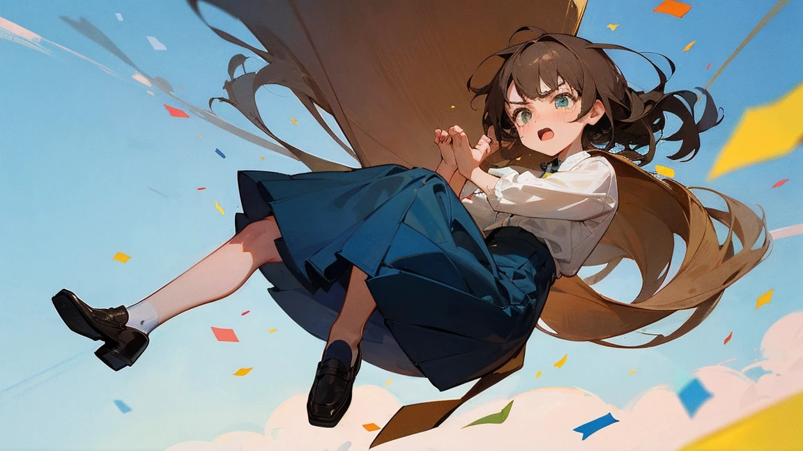 ((Highest quality)), ((masterpiece)), ((Very detailed)),Floatingする女の子,Angry expression,floating,Floating,Confetti,Brown Hair,tears,Levitating,Blue sky background,Feet in the air,tears,gravity,Long skirt,loafers,Raise both hands