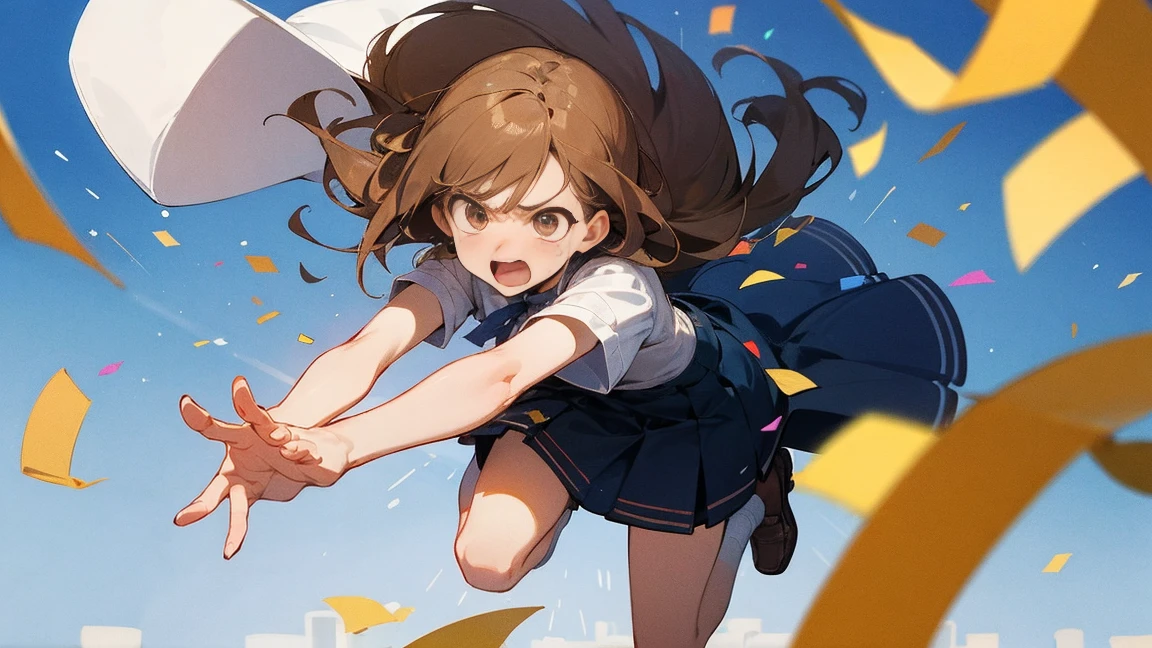 ((Highest quality)), ((masterpiece)), ((Very detailed)),Floatingする女の子,Angry expression，floating，Floating，Confetti，Brown Hair,tears,Levitating,Blue sky background,Feet in the air,tears,gravity,Long skirt,loafers,Raise both hands
