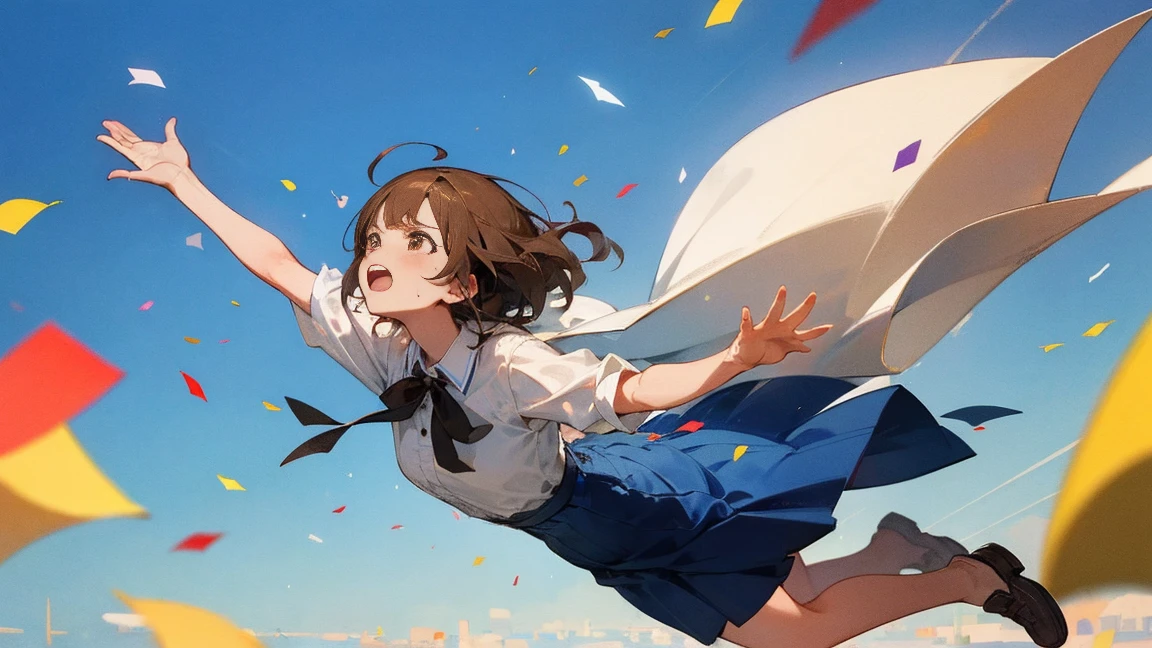 ((Highest quality)), ((masterpiece)), ((Very detailed)),Floatingする女の子,Angry expression，floating，Floating，Confetti，Brown Hair,tears,Levitating,Blue sky background,Feet in the air,tears,gravity,Long skirt,loafers,Raise both hands