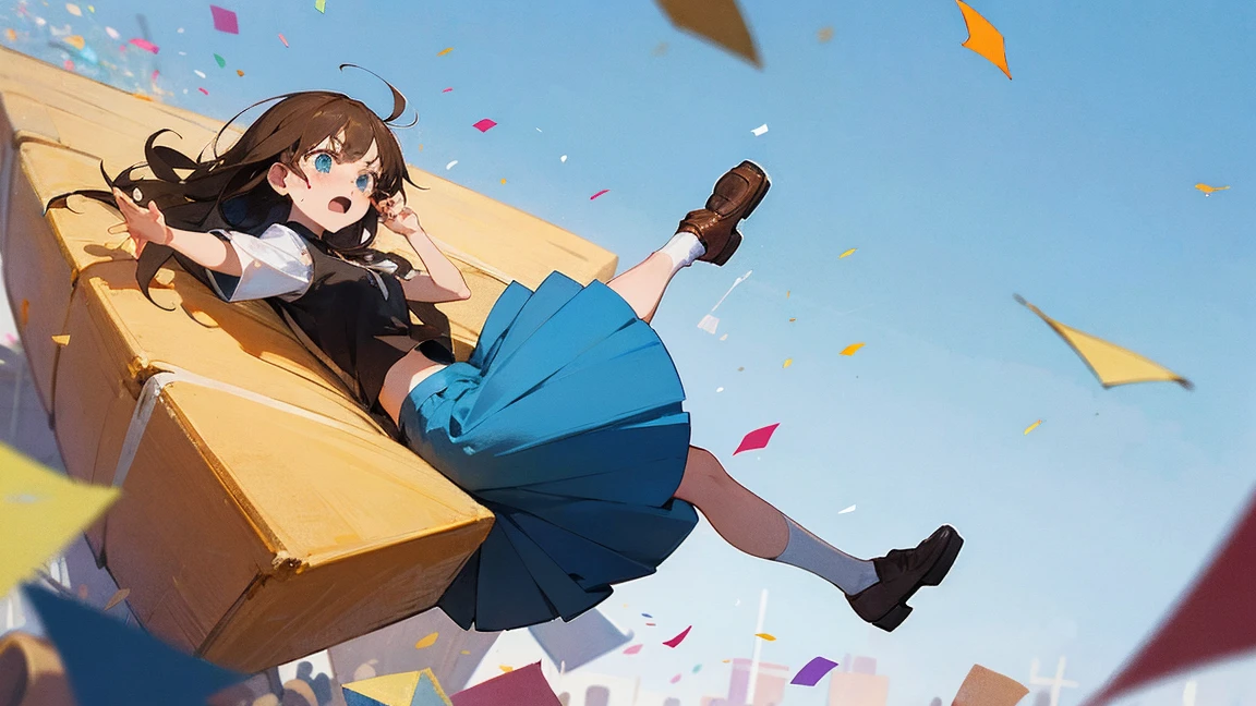 ((Highest quality)), ((masterpiece)), ((Very detailed)),Floatingする女の子,Angry expression,floating,Floating,Confetti,Brown Hair,tears,Levitating,Blue sky background,Feet in the air,tears,gravity,Long skirt,loafers,Raise both hands