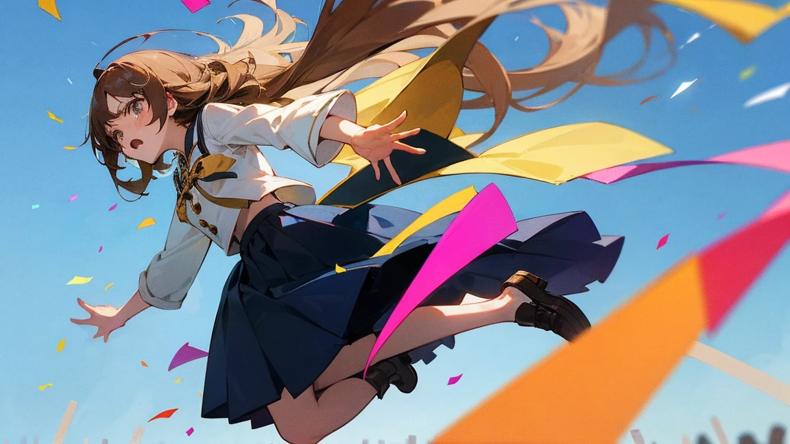 ((Highest quality)), ((masterpiece)), ((Very detailed)),Floatingする女の子,Angry expression，floating，Floating，Confetti，Brown Hair,tears,Levitating,Blue sky background,Feet in the air,tears,gravity,Long skirt,loafers,Raise both hands