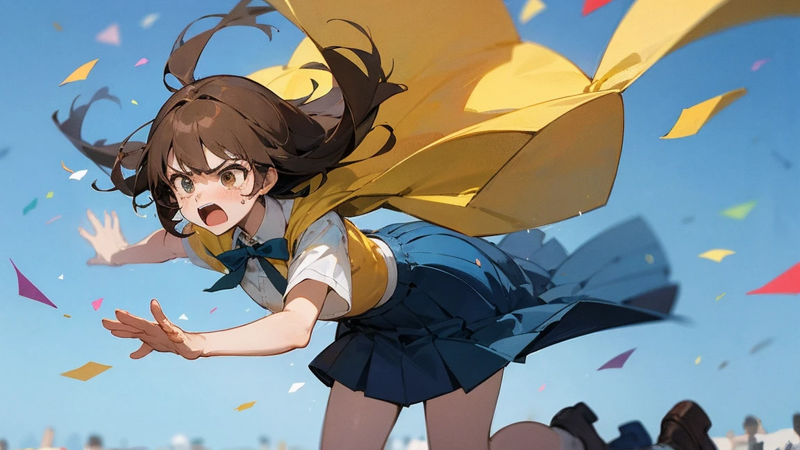 ((Highest quality)), ((masterpiece)), ((Very detailed)),Floatingする女の子,Angry expression，floating，Floating，Confetti，Brown Hair,tears,Levitating,Blue sky background,Feet in the air,tears,gravity,Long skirt,loafers,Raise both hands