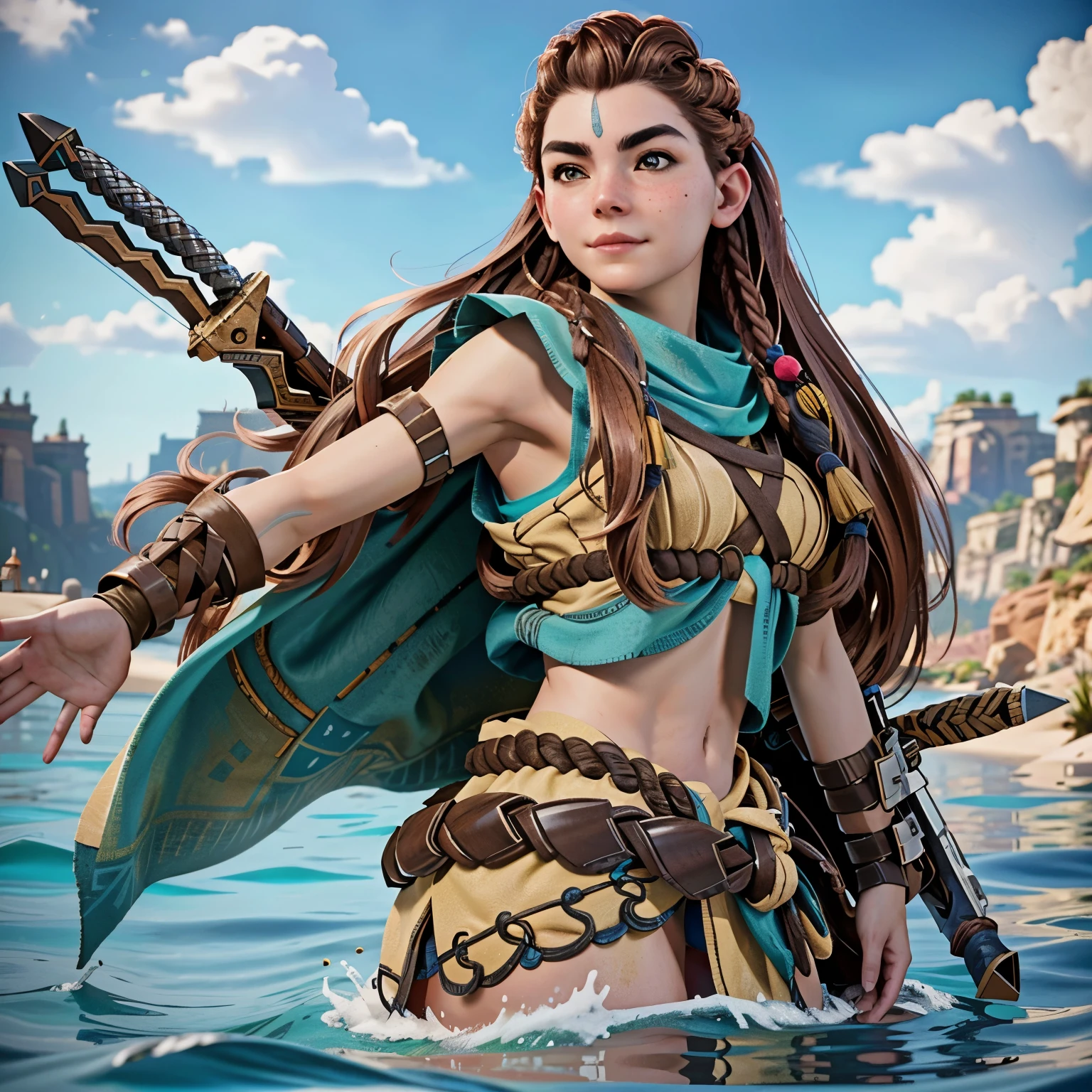 (masterpiece, best quality) 1girl, AloyHorizon, solo, long hair, smile, brown hair, hair ornament, navel, brown eyes, gun, braid, outdoors, parted lips, sky, day, midriff, sword, cloud, red hair, water, from behind, blue sky, lips, looking to the side, tattoo, ocean, looking away, thick eyebrows, hem, rope, freckles, hand in own hair, rock, realistic, nose, dreadlocks, ::big ass, sexy girl, bikini, her back is turned, hot ass, ::biquini, big sexy ass